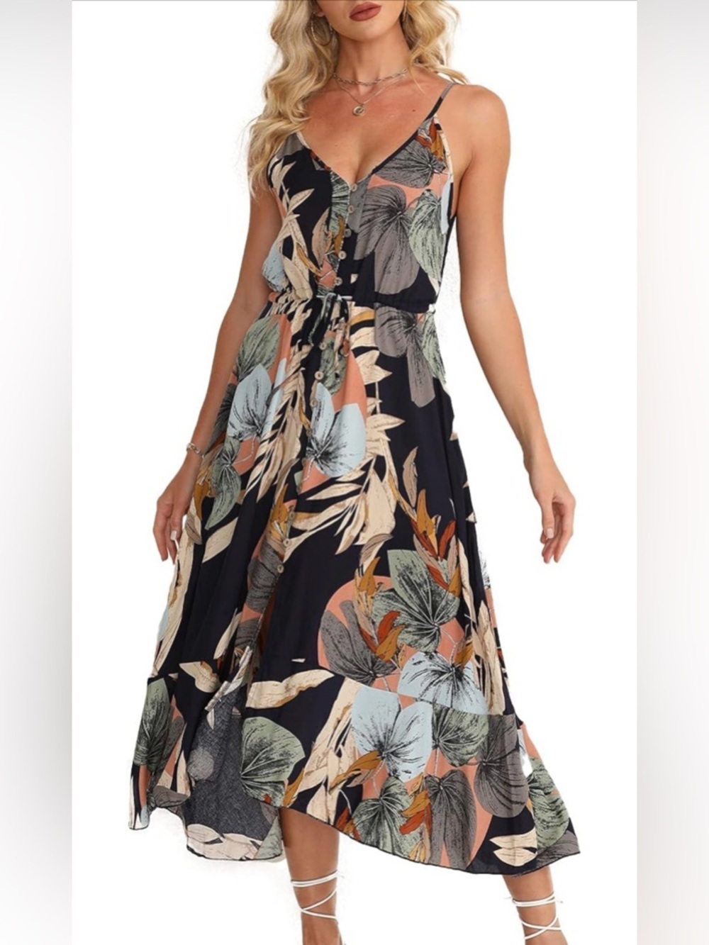 🆕 Spaghetti Strap V Neck Flowy Midi Dresses